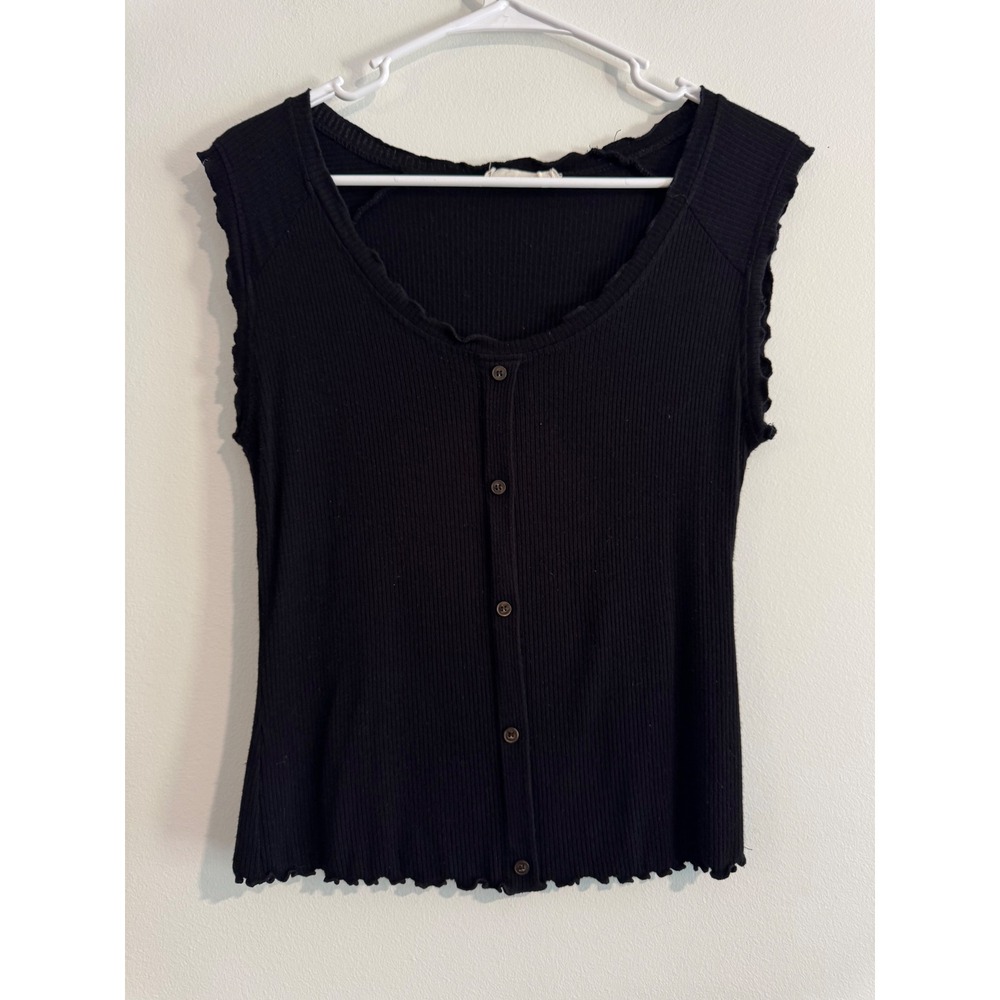 Molly Green Ribbed Button Front Tank Top Womens Large‎ Black Lettuce Edge Trim